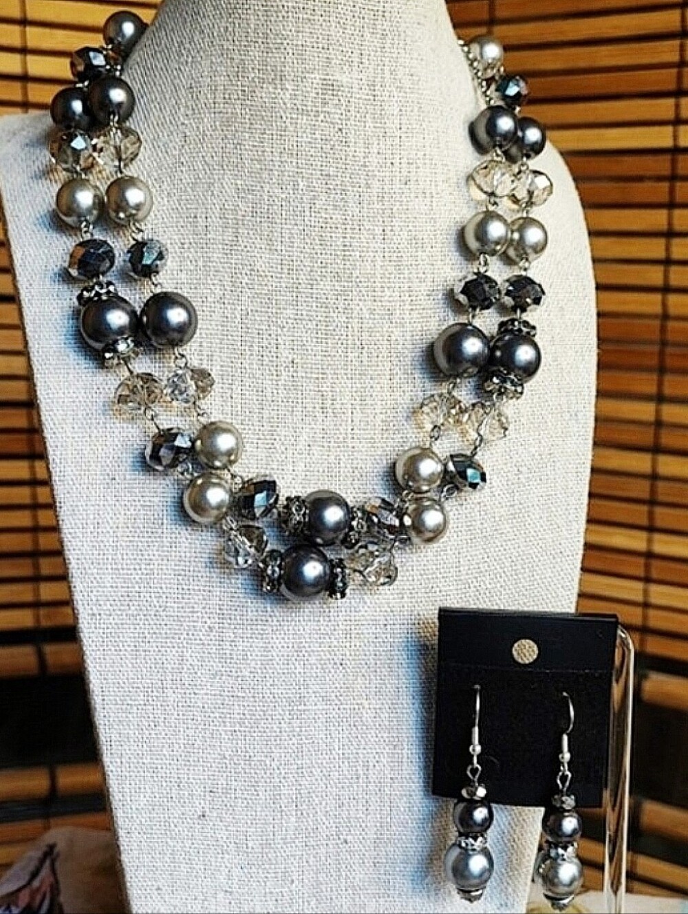 Trifari Crown Logo Faux Gray Pearl Glass Faceted Crystal Dual Strand Necklace
